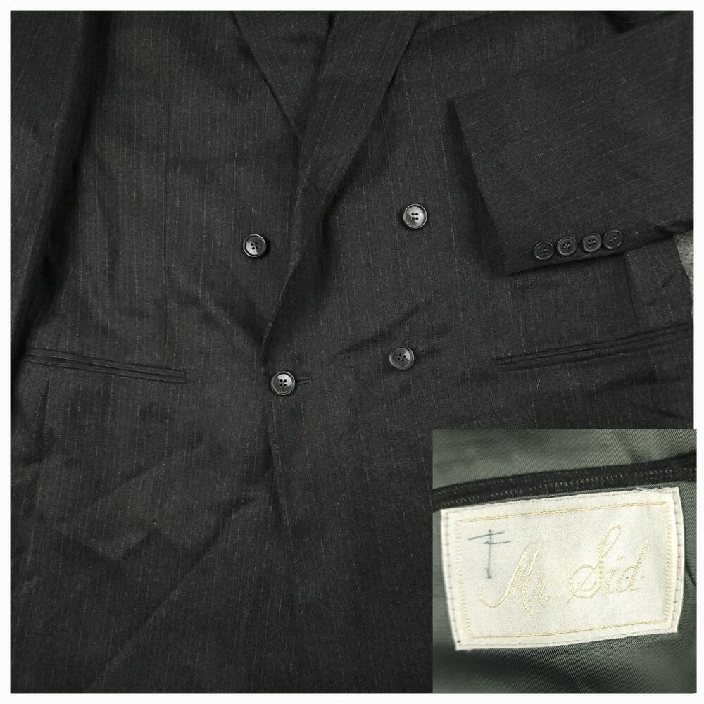 Vtg 80s Double Breasted Chalk Stripe Suit Mens 43L/37 Hand Made Unhemmed Mr Sid